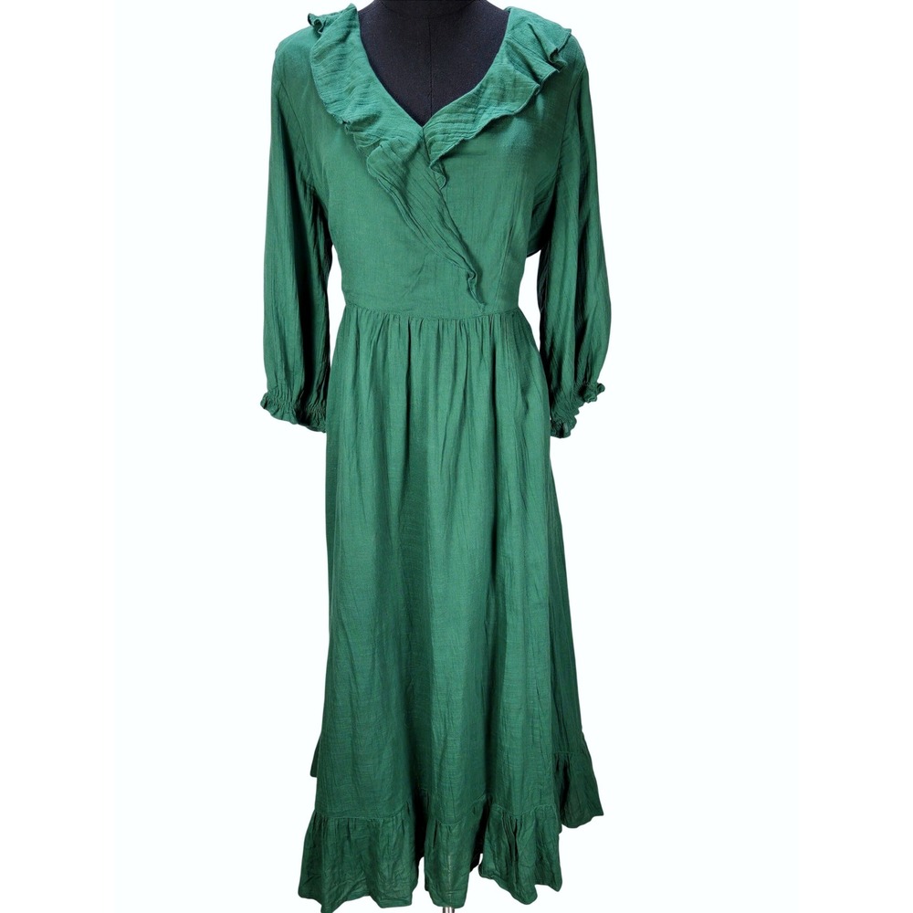 Women's April Cornell XL Avonlea Green Ruffle V-Neck Cotton Midi Dress Boho
